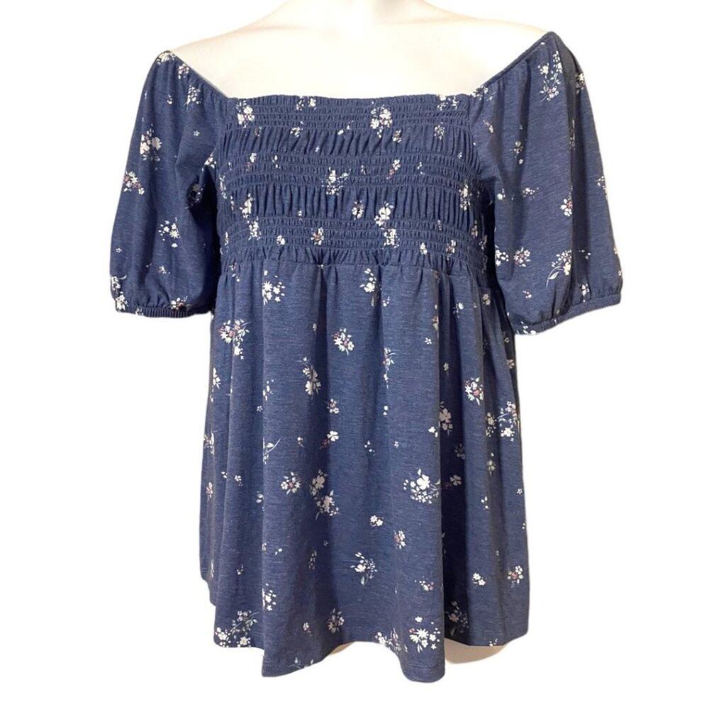 A GLOW‎ MATERNITY blue and floral flowy blouse on or off the shoulder - large